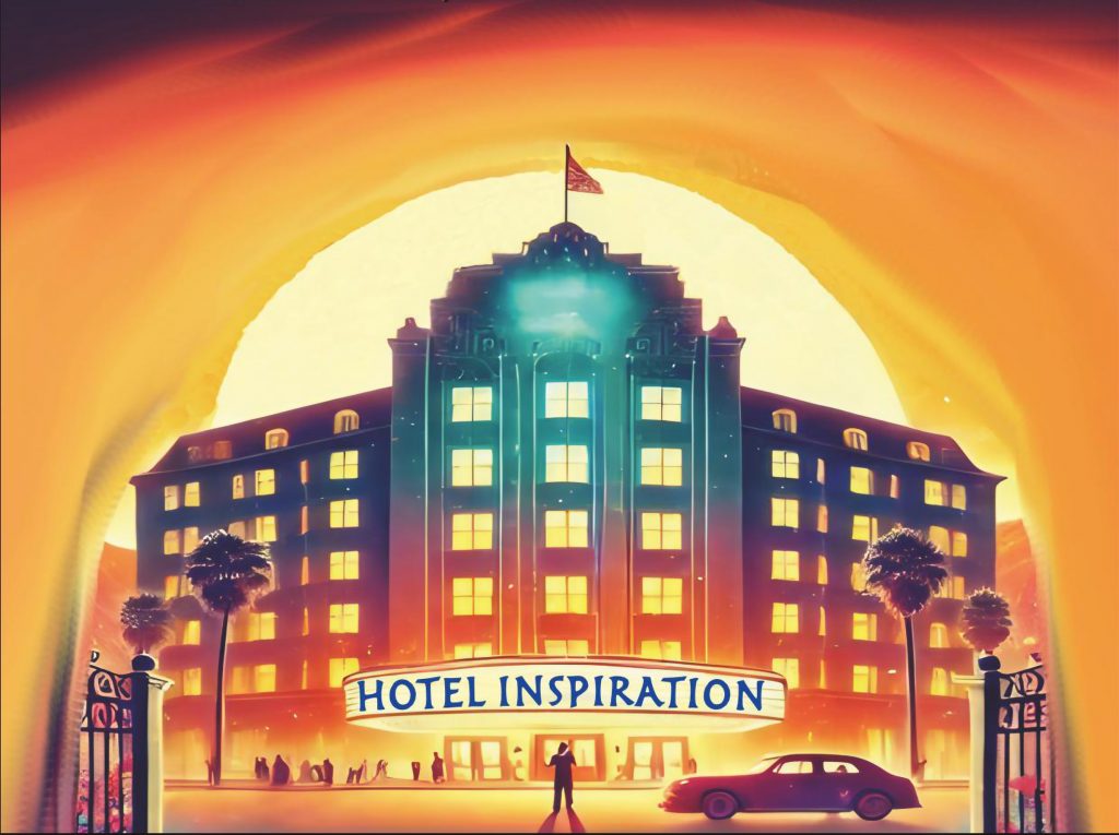 Darstellung eines in rot und orange beleuchteten Grandhotels mit Luxusfahrzeug und Personen vor dem Eingang am Abend.